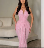 Cocoslly Strapless Sleeveless High Waist Long Mermaid Prom Dress | Candy Pink Sequins CO0115