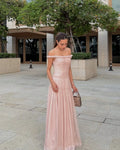 Cocoslly Off-The-Shoulder Sleeveless High Waist Long Pleated Prom Dress | Pink Chiffon CO0120
