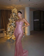 Red Tulle Strapless Sleeveless Long Mermaid Prom Dress With Sequins And Corset YK0682