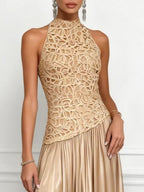 Champagne Lace Satin Halter Crew Neck Sleeveless A-Line Maxi Dress
