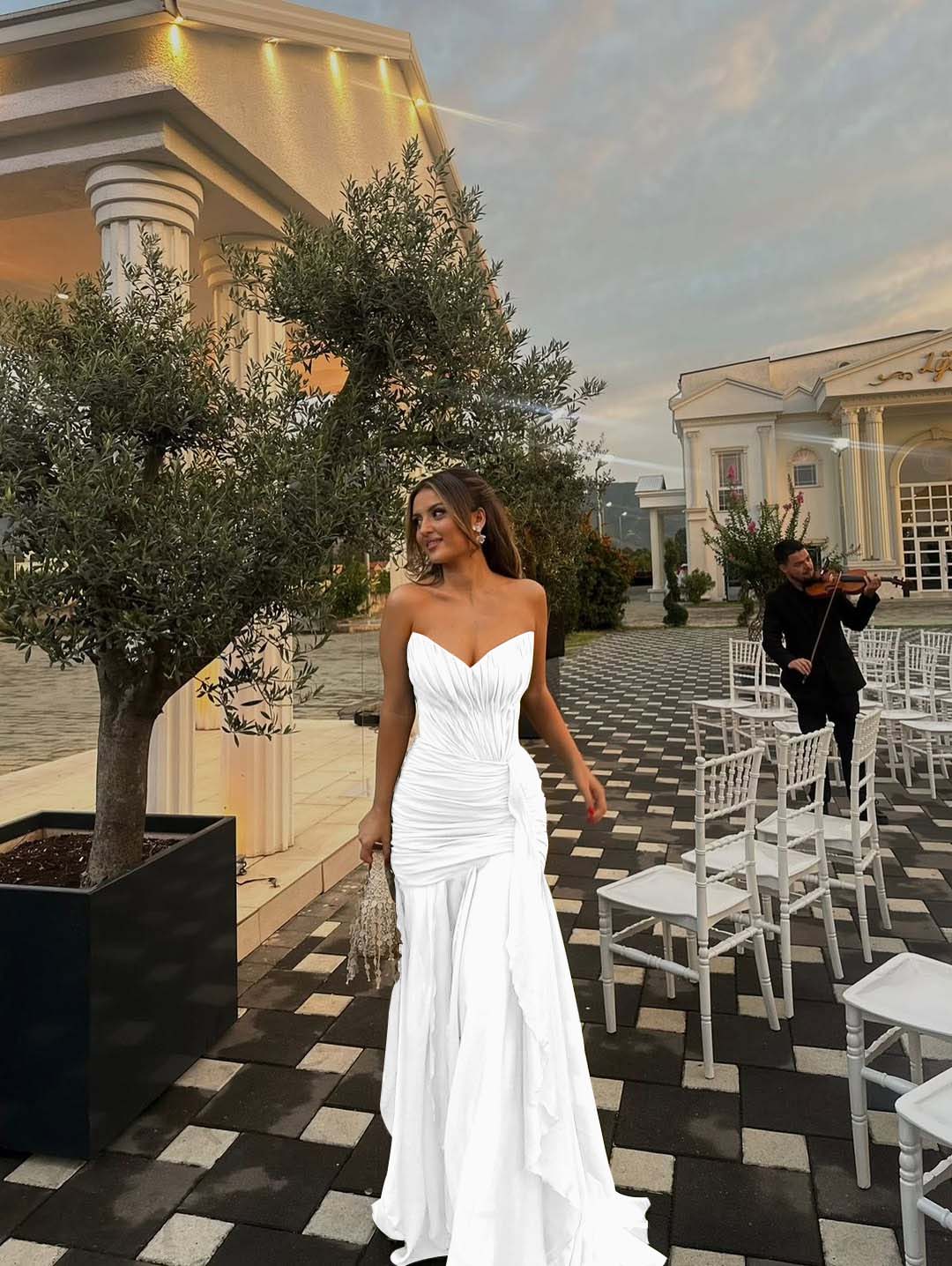 Strapless V Neck Sleeveless Long Prom Dress With Pleated Ruffle YK0492