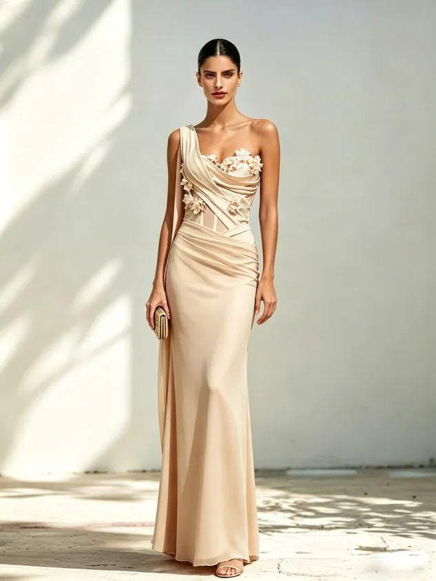 Pink 3D Floral Classic One Shoulder Sleeveless Sheath Floor-length Gown Dress