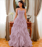 Tulle V-Neck Spaghetti Straps Strapless Sleeveless Long A-Line Prom Dress With Beadings And Pleated YK0761