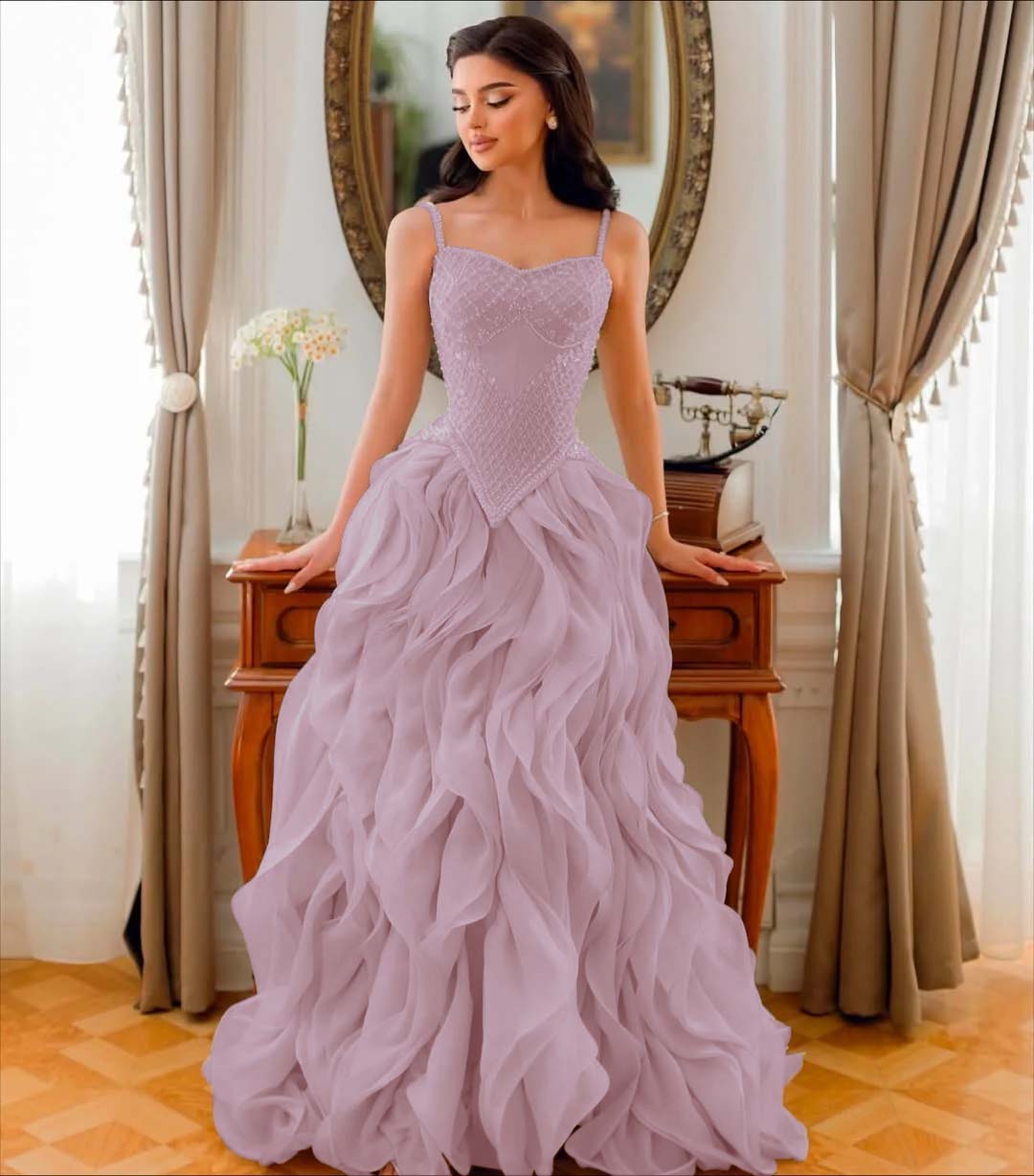 Tulle V-Neck Spaghetti Straps Strapless Sleeveless Long A-Line Prom Dress With Beadings And Pleated YK0761