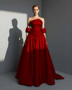 Satin Asymmetric Strapless Sleeveless Long Pleated A-Line Prom Dress With Beadings And Ruffles YK0766
