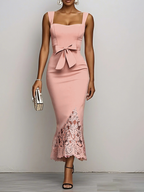 Light Blue Bow Lace Classic Sweetheart Neckline Sleeveless Mermaid Maxi Dress