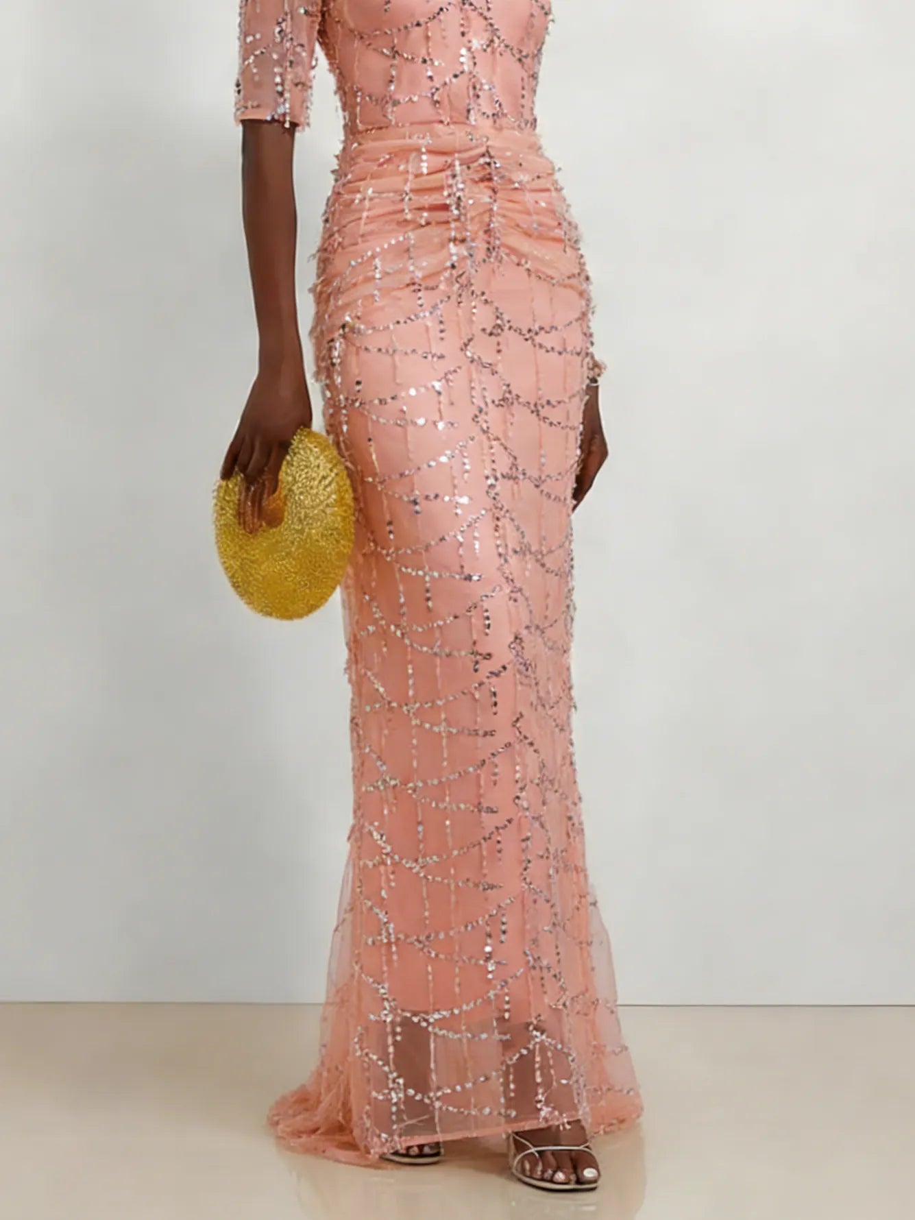Peach Mesh Lace Crew Neck Half Sleeve Sheath Gown Dress