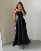 Cocoslly Spaghetti Straps Sleeveless High Waist Long A Line Prom Dress | Black Satin YK1293