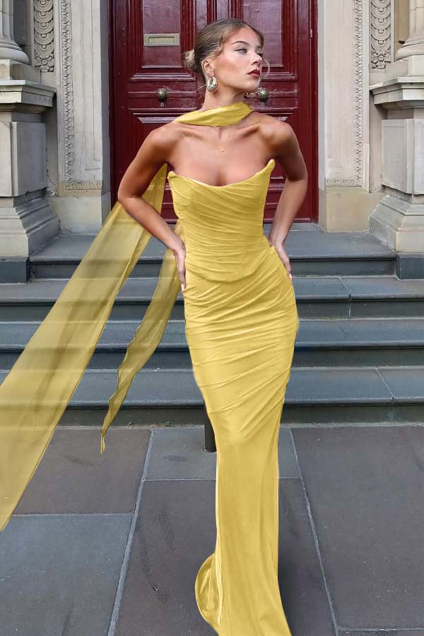 Chiffon Strapless Sleeveless Long Mermaid Prom Dress With Pleated YK0036