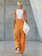 Orange Cotton-linen Multi-pocket Wide-leg Overalls