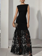 Black Lace Applique Knit Boat Neck Sleeveless A-Line Floor-length Gown Dress