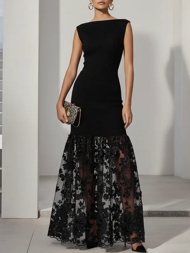 Black Lace Applique Knit Boat Neck Sleeveless A-Line Floor-length Gown Dress
