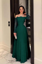 Cocoslly Strapless Long Sleeves High Waist Long Prom Dress With Pleated | Ink Blue Lace YC0488