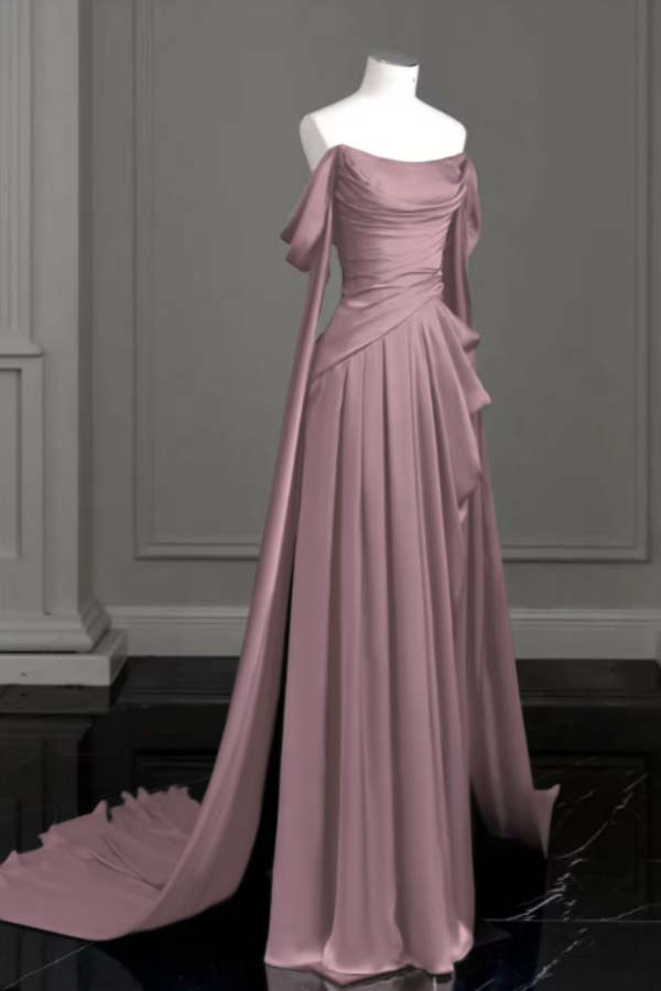 Cocoslly Off-The-Shoulder Pleated Long Prom Dress With Trailing On Both Sides | Purple Satin ZT0580