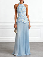 Light Blue Jacquard Chiffon Halter Neck Sleeveless A-Line Floor-length Gown Dress