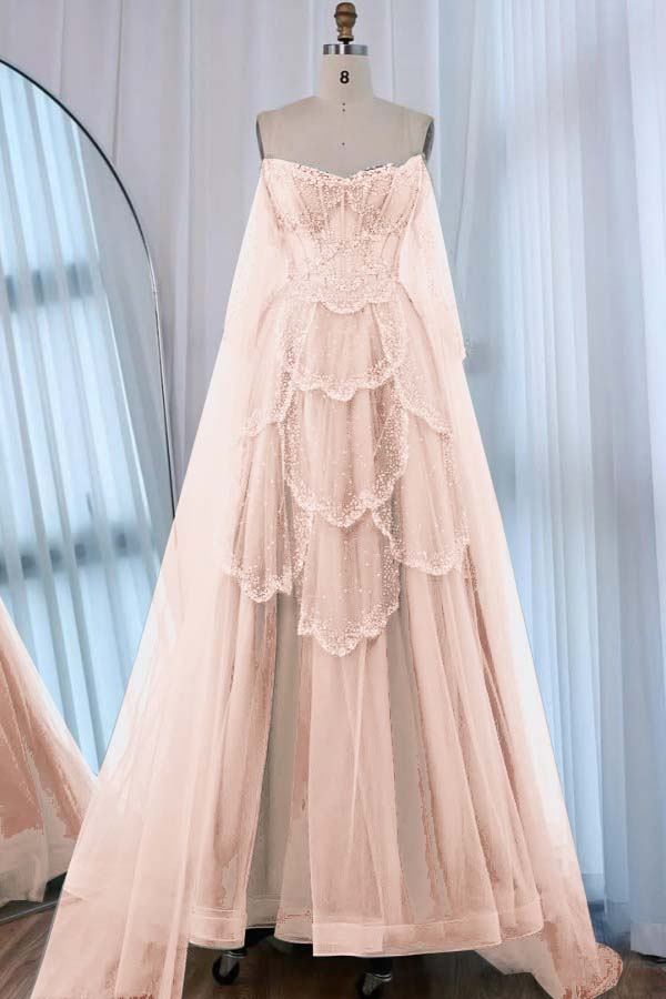 Tulle Strapless Sleeveless High Waist Long A-Line Prom Dress With Beadings And Ruffles WQ0557