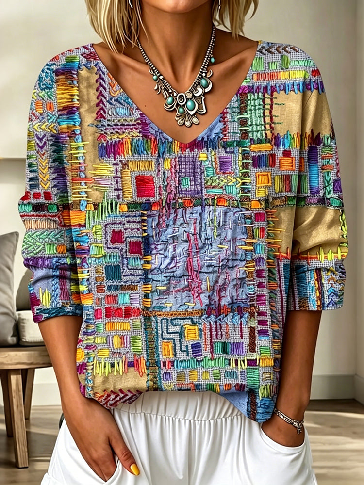 Women's Vintage Floral Dragonfly Art Print Flowy Linen Blend  Three-quarter Sleeve V Neck Linen Tops