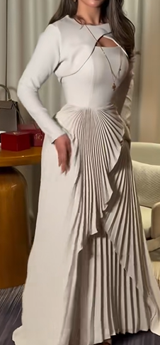 Cocoslly Long Sleeves High Waist Long Prom Dress With Pleated | White Satin CO0206