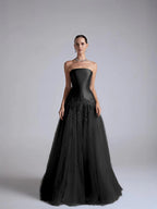 Baby Blue Satin And Tulle Strapless Sleeveless Long Pleated A-Line Prom Dress With Flower Appliqués YK0669