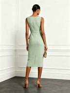 Sage Green Ruched Classic Boat Neck Sleeveless Sheath Midi Dress