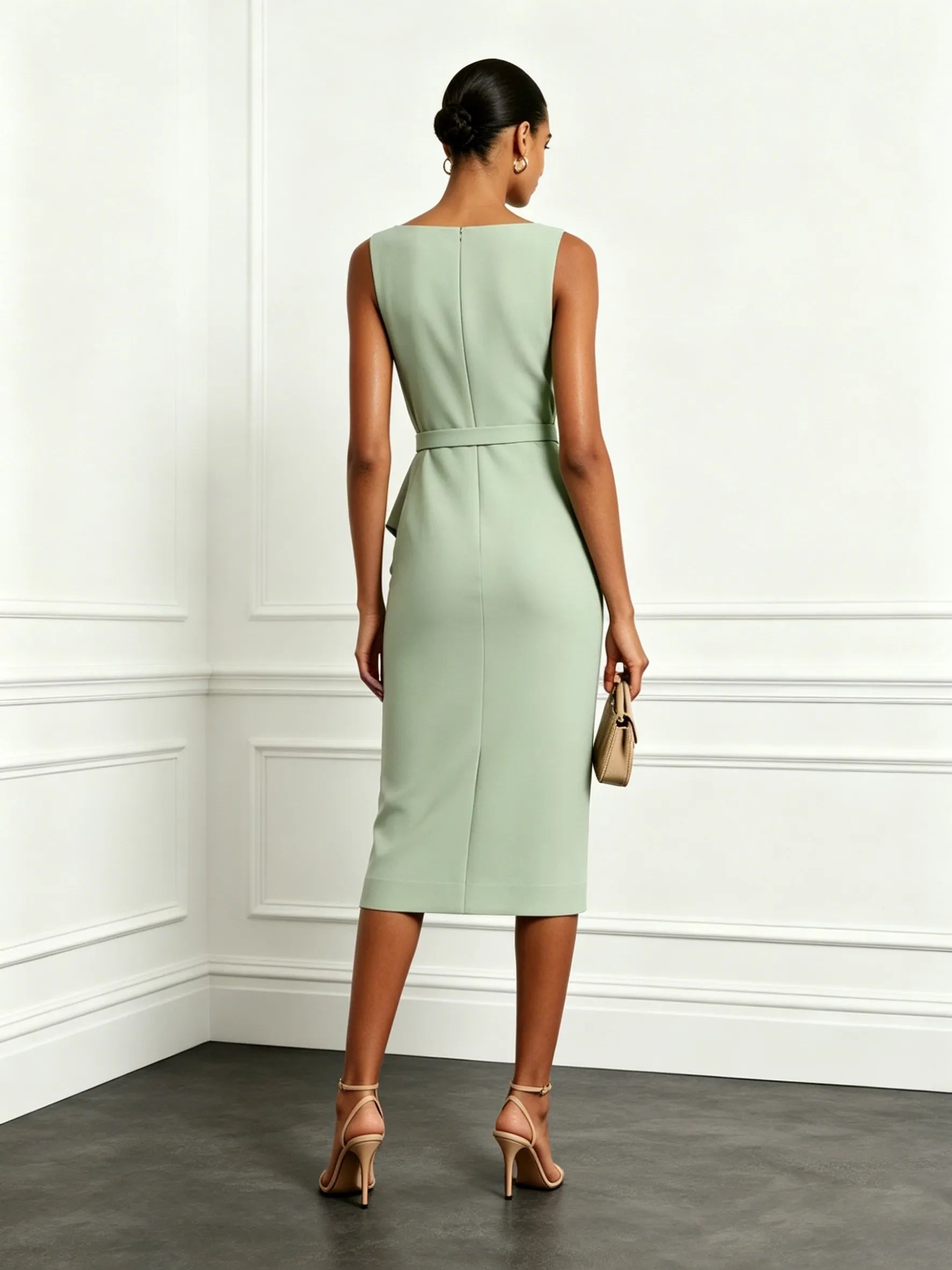 Sage Green Ruched Classic Boat Neck Sleeveless Sheath Midi Dress