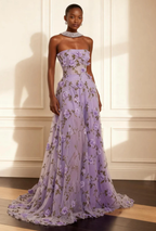 Cocoslly Strapless Sleeveless High Waist Long Prom Dress With Embroidered And Sequins | Lilac Chiffon CO0148