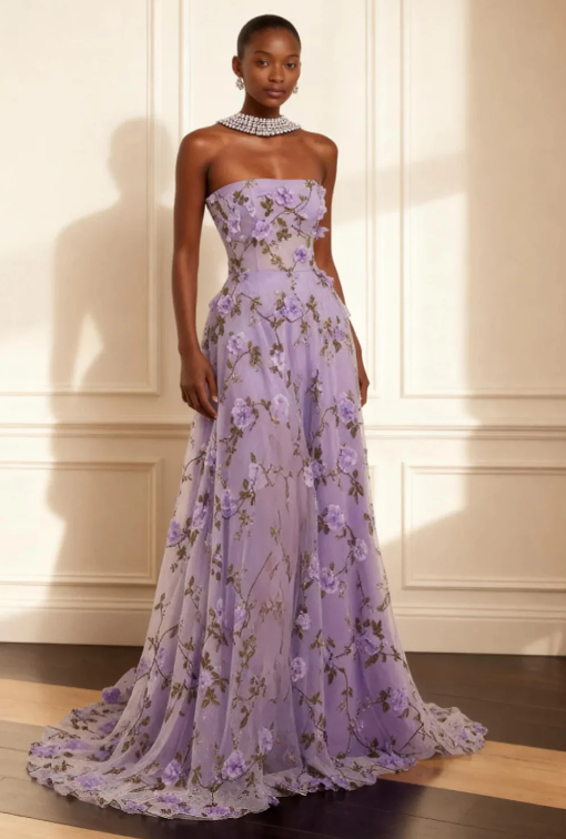 Cocoslly Strapless Sleeveless High Waist Long Prom Dress With Embroidered And Sequins | Lilac Chiffon CO0148