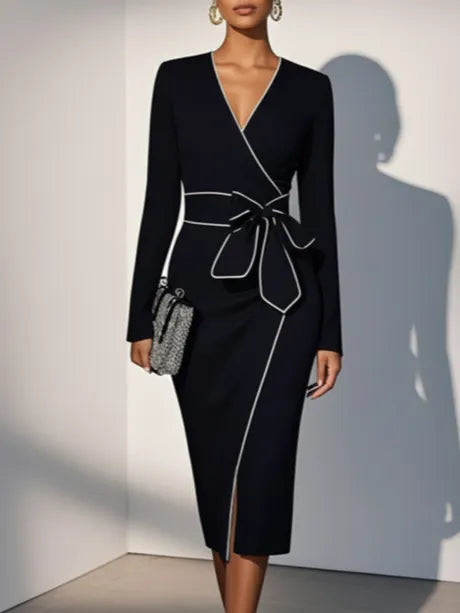 Black Piping Bow Classic V Neck Long Sleeve Sheath Midi Dress