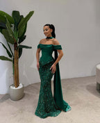 Cocoslly Off-The-Shoulder Long Pleated Mermaid Prom Dress With Beaded-Embroidered And Scarf | Dusty Sage Satin And Tulle ZA0306