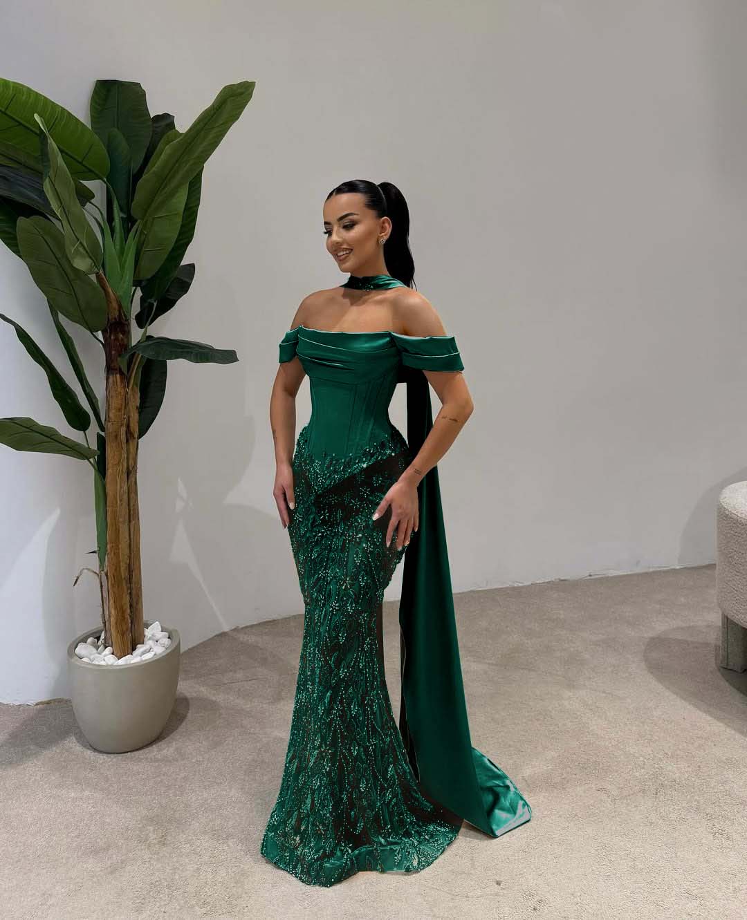 Cocoslly Off-The-Shoulder Long Pleated Mermaid Prom Dress With Beaded-Embroidered And Scarf | Dusty Sage Satin And Tulle ZA0306