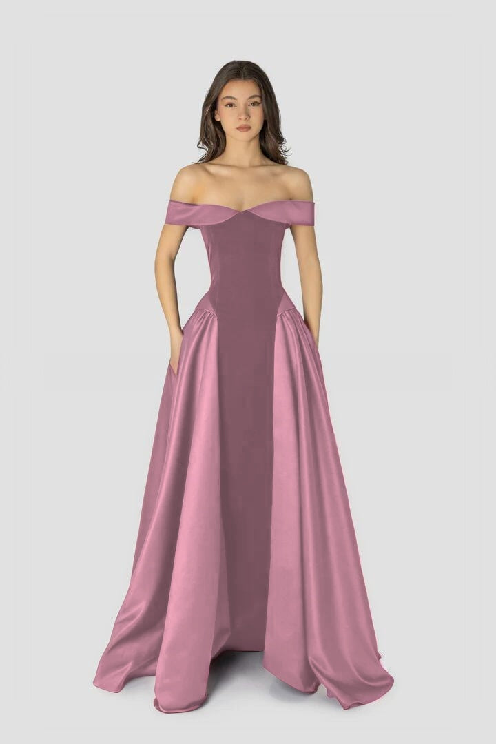 Cocoslly Off-The-Shoulder Sleeveless High Waist Long A Line Prom Dress | Regency Satin LR0426