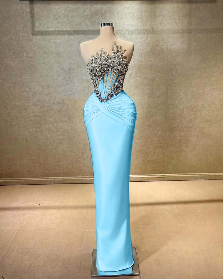 Strapless Sleeveless Long Mermaid Prom Dress With Beading Pleated YK0451