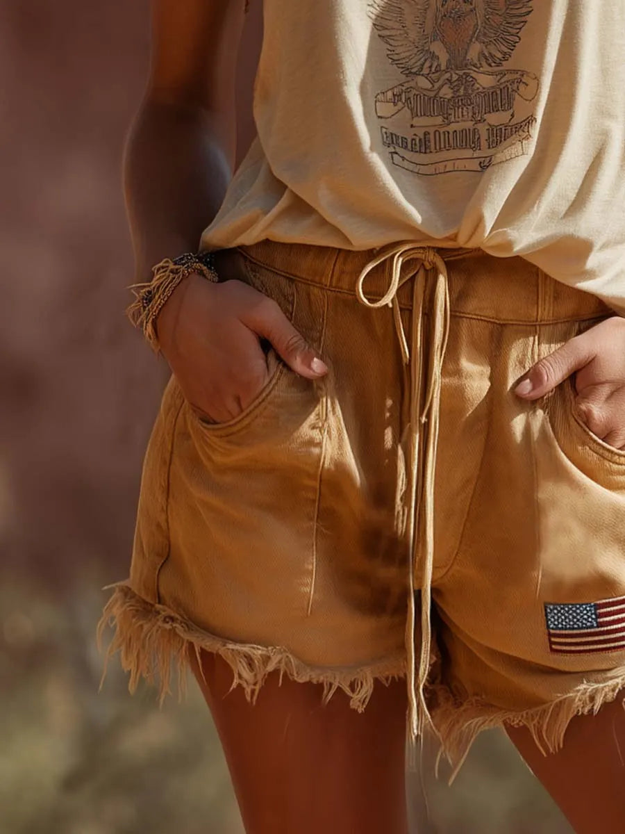 Sierra Washed Camel Americana Denim Shorts Relaxed Vintage Utility Style