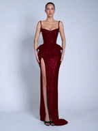 V-Neck Spaghetti Straps Sleeveless Long Mermaid Prom Dress With Split And Sequins YK0713