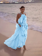 Cocoslly Halter Sleeveless High Waist Long Prom Dress With Ruffles | Lilac Chiffon LX0092