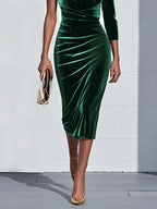 Green One Shoulder Three Quarter Sleeve Sheath Midi Velvet Dress