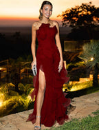 Strapless Sleeveless Long Split Prom Dress With Pleated Ruffle YK0324