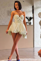 Cocoslly Strapless Sweetheart Sleeveless High Waist Short Prom Dress With Pearls | Ivory Satin ZT0683