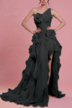 Cocoslly One Shoulder Sleeveless High Waist Long Split Prom Dress With Ruffles And Flowers | Blushing Pink Chiffon YC0489