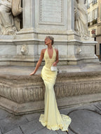 Cocoslly Halter V-Neck Sleeveless High Waist Long Mermaid Prom Dress With Sequins And Pleated | Daffodil Satin CO0168