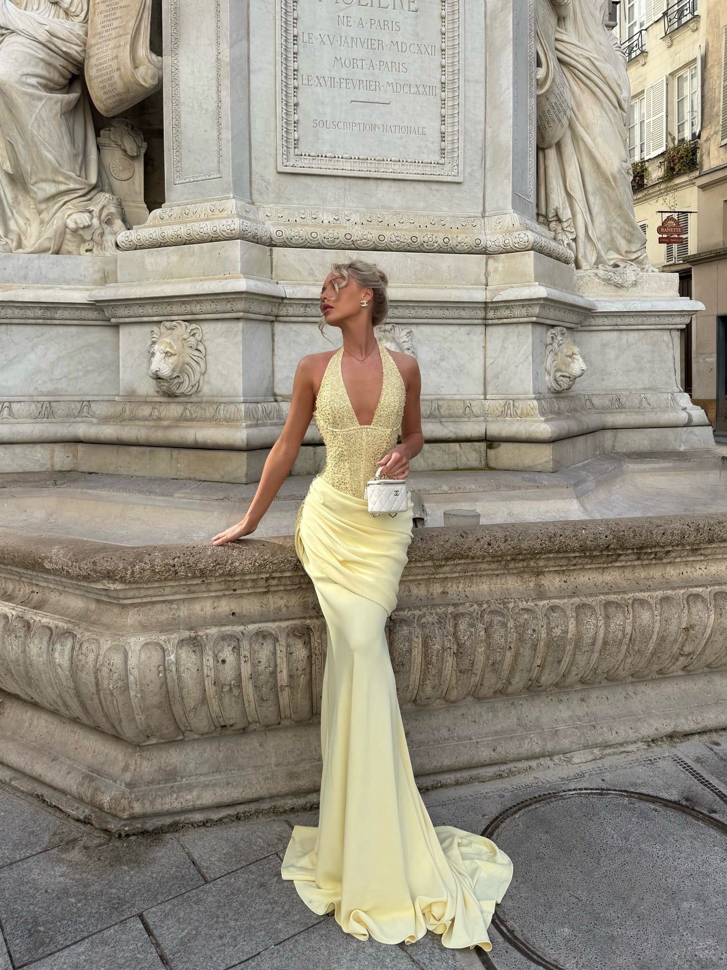 Cocoslly Halter V-Neck Sleeveless High Waist Long Mermaid Prom Dress With Sequins And Pleated | Daffodil Satin CO0168