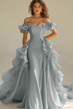 Off the Shoulder Sleeveless Long Mermaid Prom Dress With Ruffles JQ0149