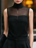 Sleeveless Sheer Panel High-Neck Blouse
