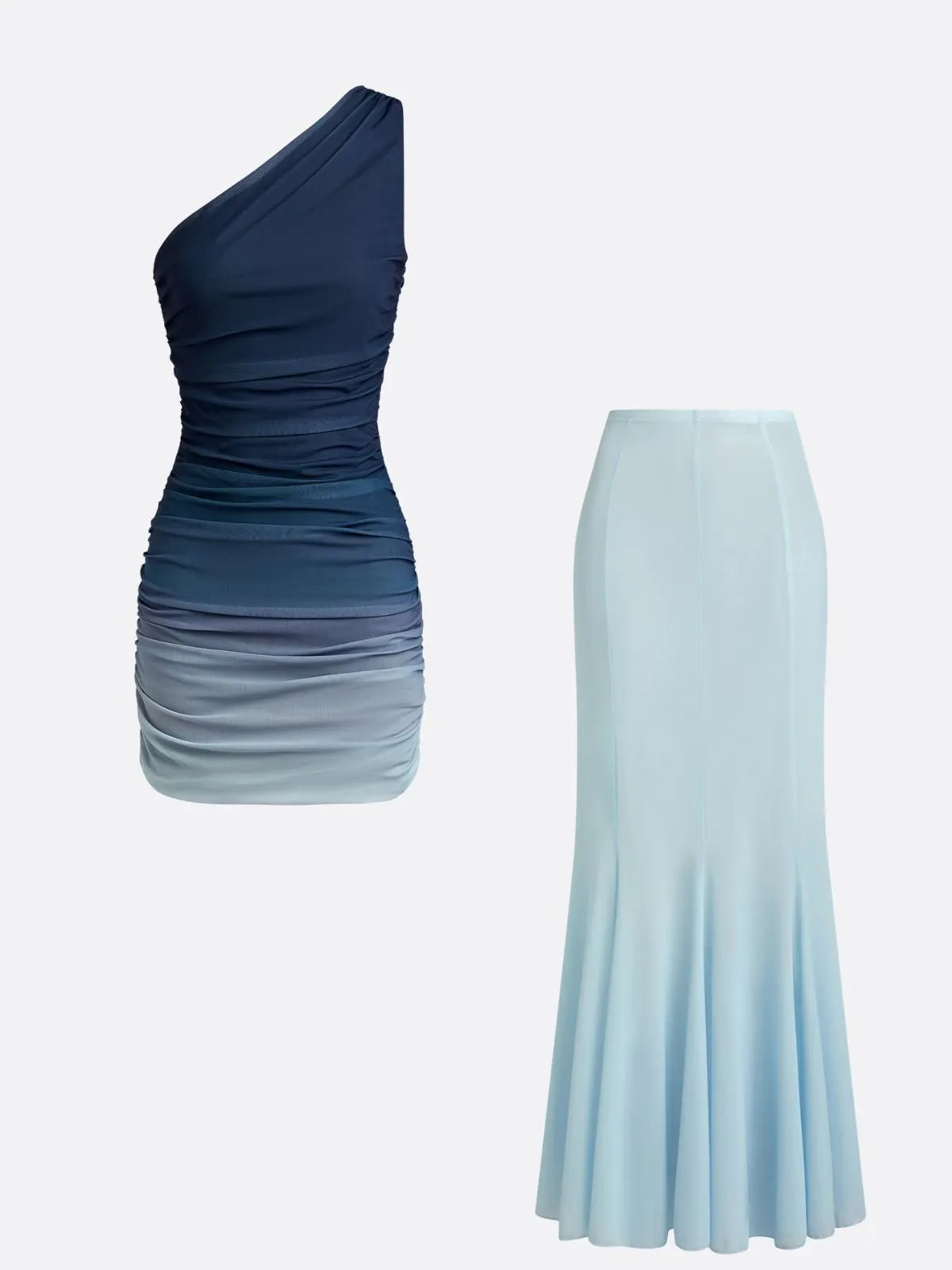 Blue Ruched Ombre Mesh One Shoulder Sleeveless Sheath Maxi Two-Piece Set Dress