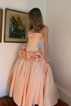 Cocoslly Strapless Sleeveless High Waist Long A Line Prom Dress With Flowers | Nude Pink Satin YC0415