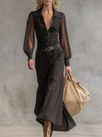 Vintage Western Front Button V-Neck Transparent Long Sleeve Black Denim Maxi Dress