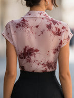 Floral Print Draped Wrap Collar Short Sleeve Blouse