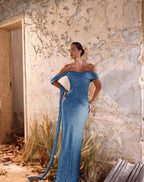 Off-The-Shoulder Strapless Sleeveless Long Pleated Mermaid Prom Dress With Sequins And Ruffle YK0709