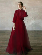 Cocoslly High Neck Long Sleeves High Waist Long Prom Dress | Blushing Pink Tulle LR0409