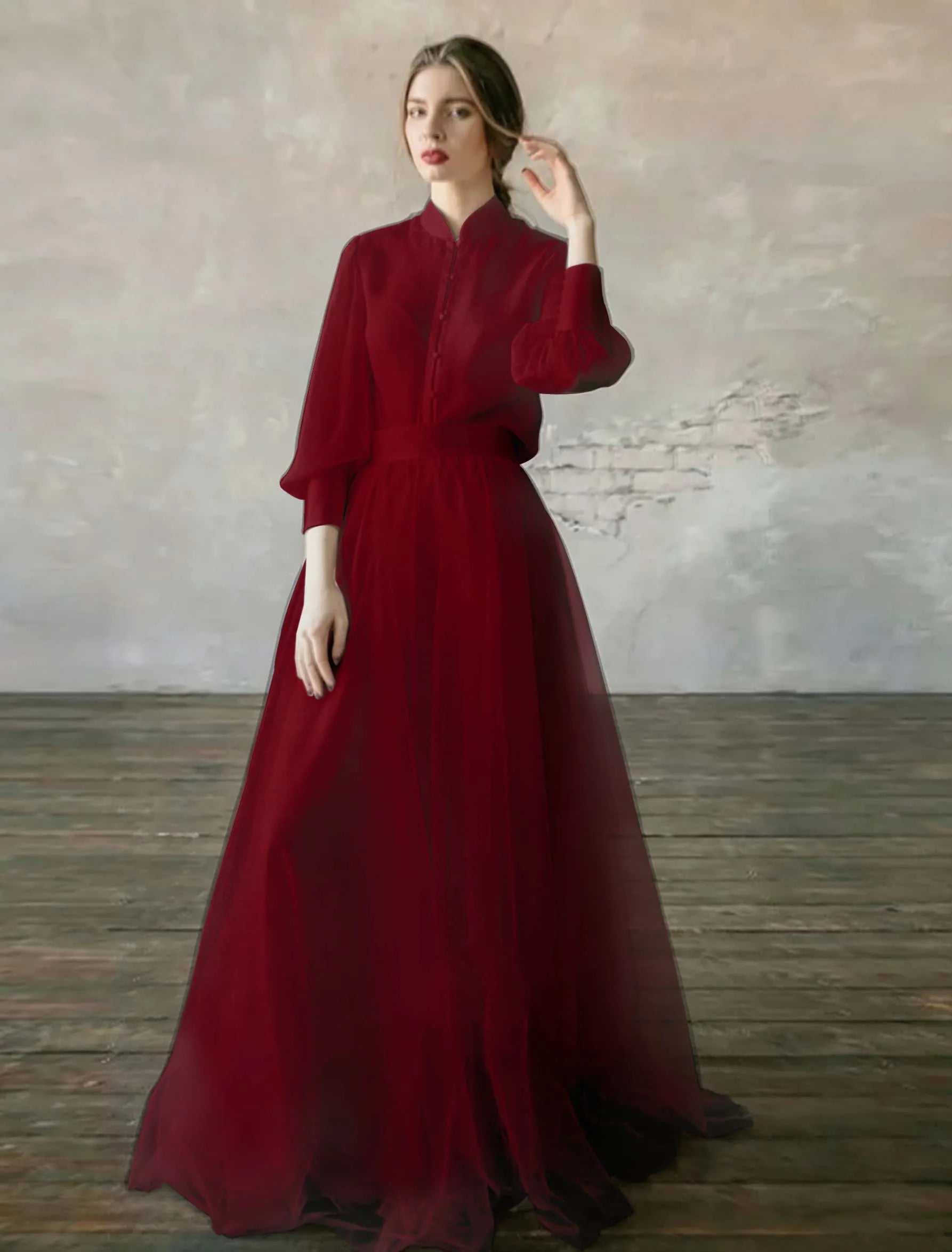 Cocoslly High Neck Long Sleeves High Waist Long Prom Dress | Blushing Pink Tulle LR0409